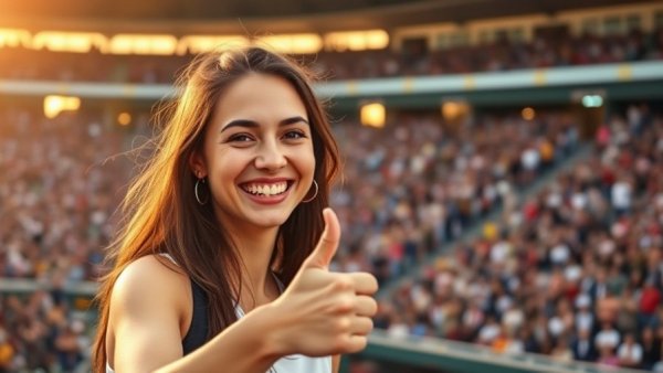 Young woman smiling at stadium in Texas A&M jersey at sunset.