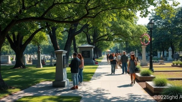 Visitors at Fort Bend County historic cemetery project exploring tranquil paths.