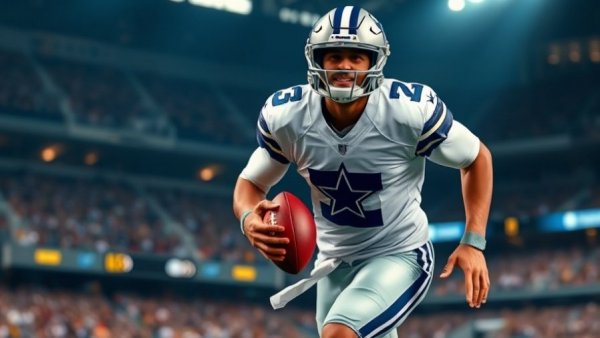 Dallas Cowboys player running with the ball, capturing playoff hopes.