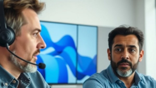 Two men discussing online in a video call with focused expressions.
