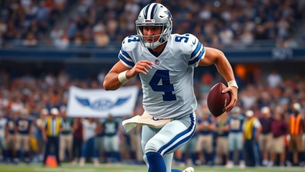 Dallas Cowboys quarterback during playoff hopes action, intense play.