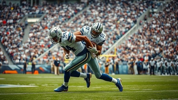Dallas Cowboys player in action tackling opponent, vibrant game scene.