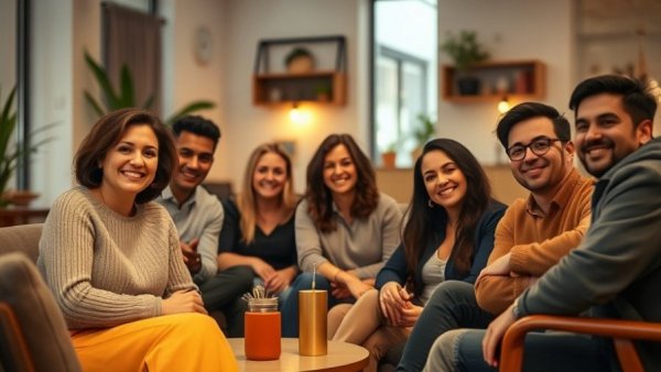 Austin community engagement initiatives meeting in a modern lounge, smiling group.