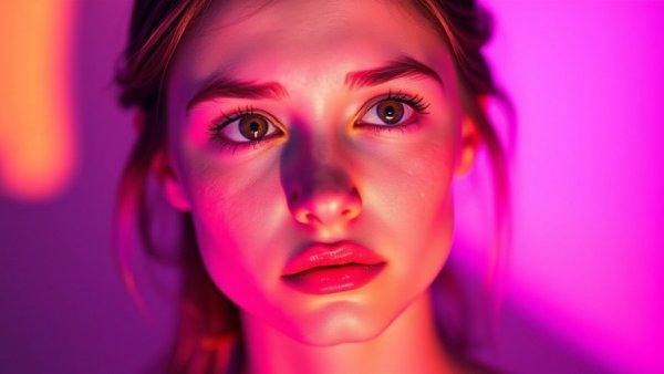 Contemplative woman, subtle signs of loneliness, warm purple light.