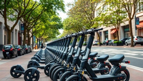 Houston scooter curfew impact on businesses visible in lined scooters on city sidewalk.