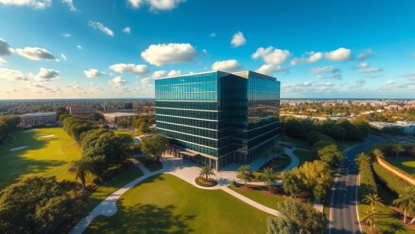 Aerial view of Dallas financial services building surrounded by greenery.
