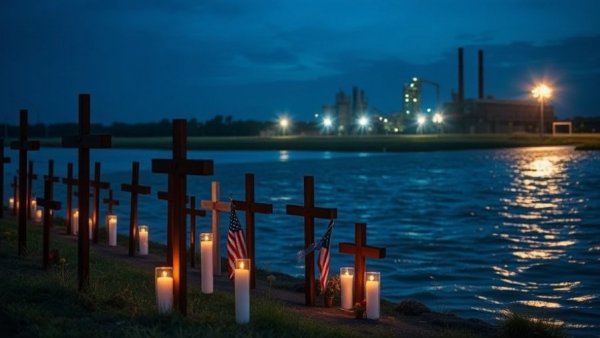 Cross memorials by a flood barrier in Kerr County floods at dusk.