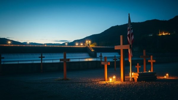 Vigil site with crosses near a Kerr County flood dam at dusk.