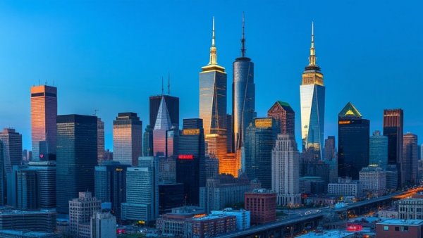 Composite of major U.S. city skylines under diverse lighting.