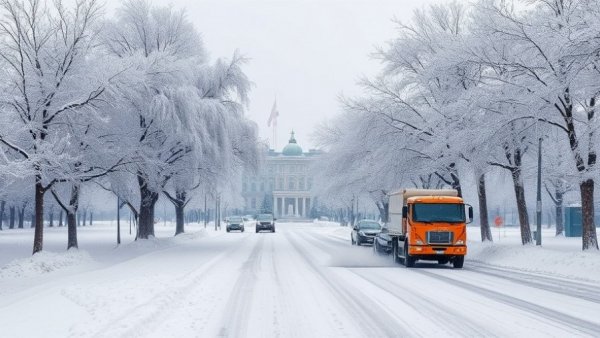 Breaking news: Snowplow clearing road in winter landscape.