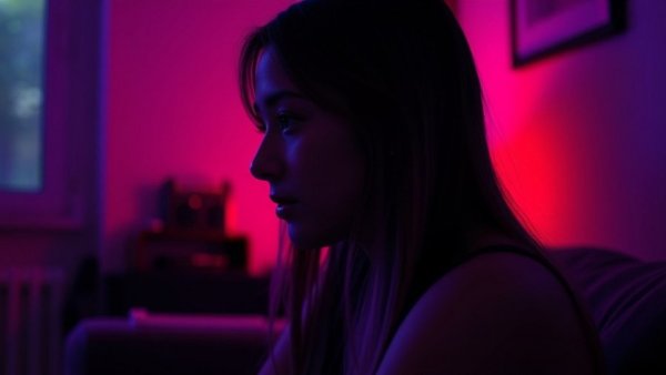 Profile of a young woman in purple and orange light, suggesting signs of loneliness in women.