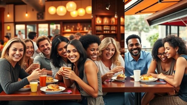Vibrant brunch scenes in Galveston featuring happy diners.