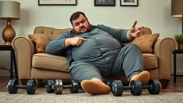 Comedic scene of a man resting, featuring fitness gear.