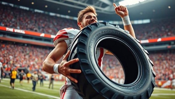 Texas Tech celebrations with player holding tire during game.