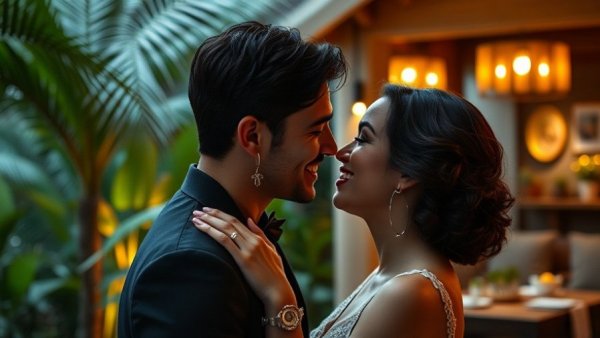 Rebecca Gayheart romance, couple smiling and kissing, intimate setting.