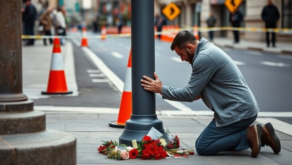 Emotional scene of two men kneeling in remembrance with a memorial post, indicative of peaceful times as mass killings drop to record low in 2025.