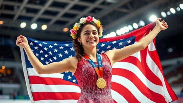 Alysa Liu celebrates gold with flag and medal at Grand Prix Final.