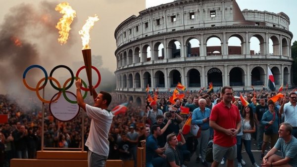 Dramatic scene with Olympic Torch and Colosseum protest.