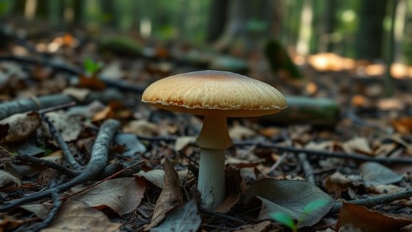 Lone mushroom in forest, related to California mushroom poisoning outbreak.