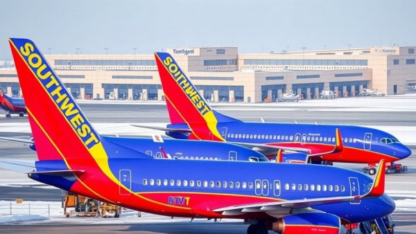 Southwest Airlines jets on tarmac against airport background.