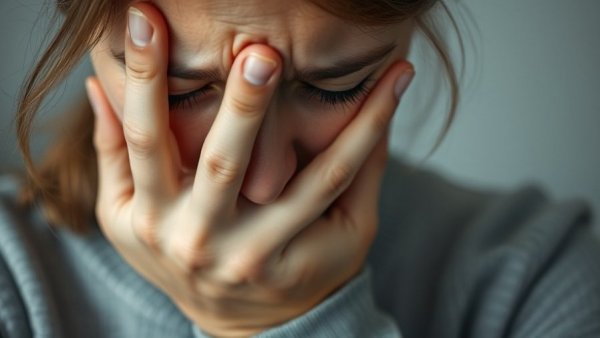 Close-up of a woman seeking migraine relief in ERs.
