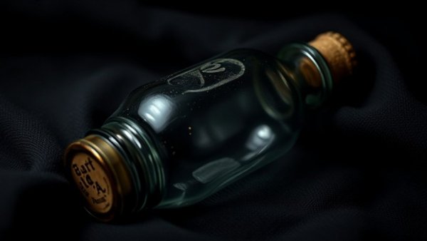 Vintage glass bottle on dark fabric background, mysterious setting.