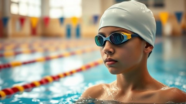 Young swimmer preparing for race at swimming event.