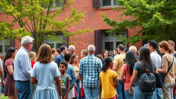Community gathering outside Erie school building amid renaming discussions.
