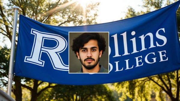 Rollins College banner with inset of young man, related to Florida college student ammo shipment.