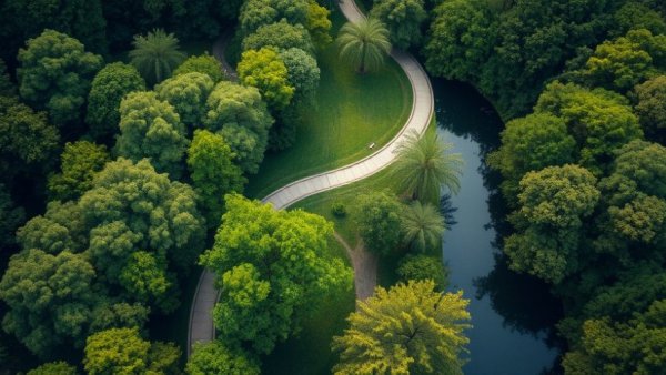 Aerial view of a park with winding paths near a river in Texas