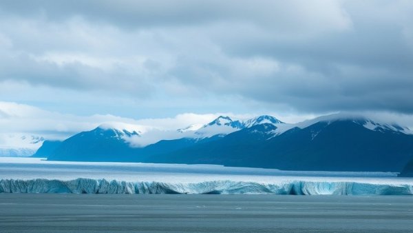 Alaskan glacier under cloudy sky, tranquil Alaskan landscape.