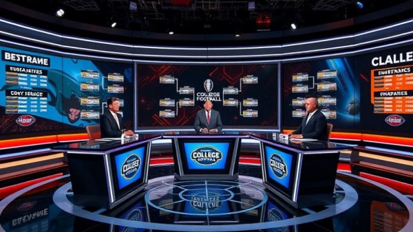 Three commentators discussing College Football Playoff predictions in a modern studio.