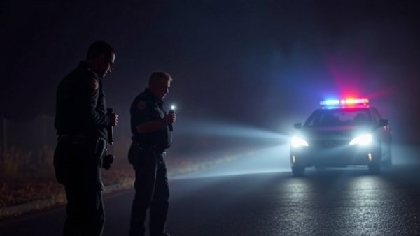 Police officers investigating Eastex Freeway rollover crash at night.