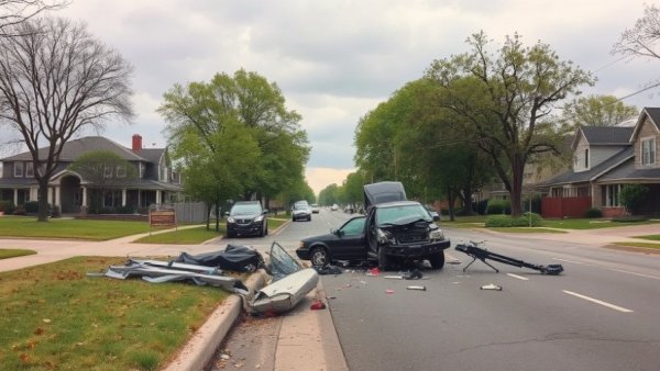 Houston armed carjackings scene with crashed vehicles and debris.