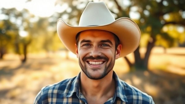 Man in cowboy hat smiling outdoors in sunlit field.
