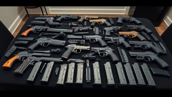 Array of disassembled handguns on table related to gun smuggling at Texas-Mexico border.