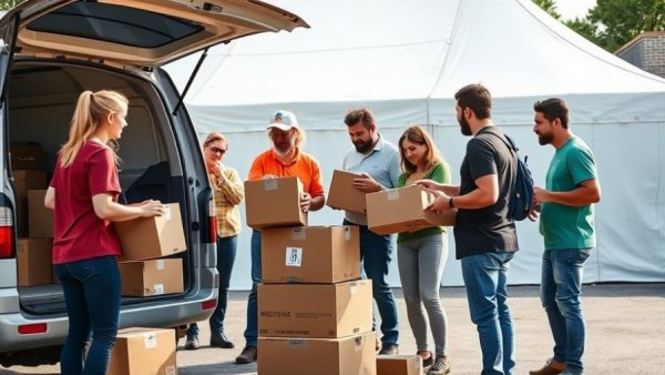 Volunteers unloading boxes from a van in community service, reflecting how Americans plan to donate.