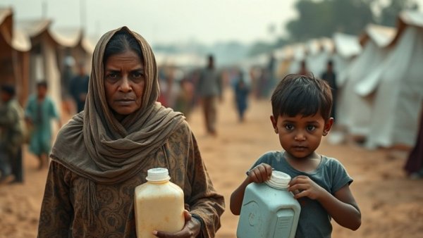 Humanitarian crisis in Gaza and West Bank: woman and child in refugee camp.