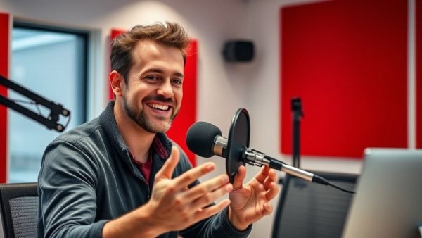 Man discussing on a podcast, vibrant studio with sleek design.