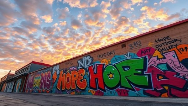 HOPE Outdoor Gallery Austin graffiti wall at sunset.