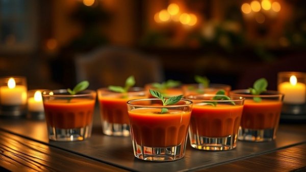 Tomato and Basil Bisque Shooters on a sleek plate with a candle-lit backdrop.