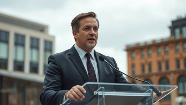 Man speaking at podium outdoors; discuss Trump pardon.