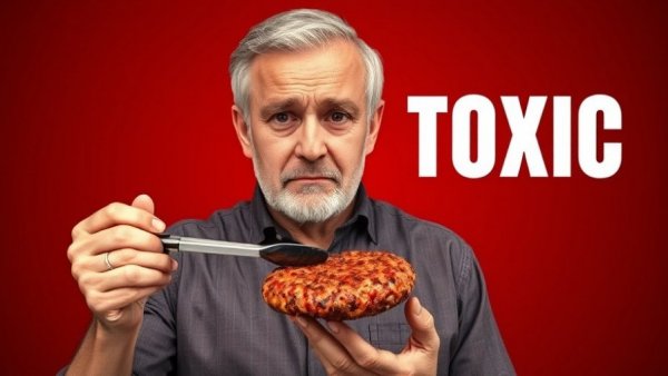 Middle-aged man with burger labeled 'TOXIC' evokes toxic protein theme.