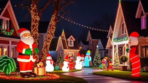 Pecan Grove vibrant Christmas light display with festive inflatables.