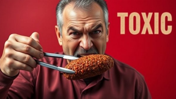 Middle-aged man holding textured vegetable protein patty, highlighting health risks.