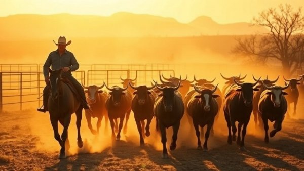 Cowboy herding cattle at sunset, highlighting Texas ranchers challenges.