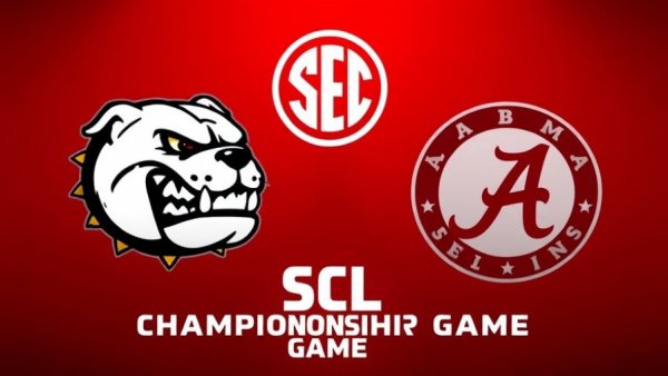 Georgia vs. Alabama SEC Championship Game logos on a stylized background.