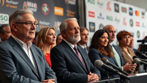 Prominent figures speaking at a press event, breaking national news backdrop.