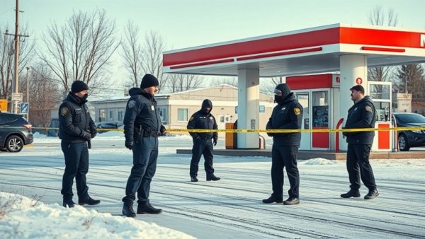 Nebraska gas station shooting scene with police tape and vehicles