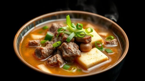 Collagen soup as a snack for healthy aging, vibrant beef and tofu dish.